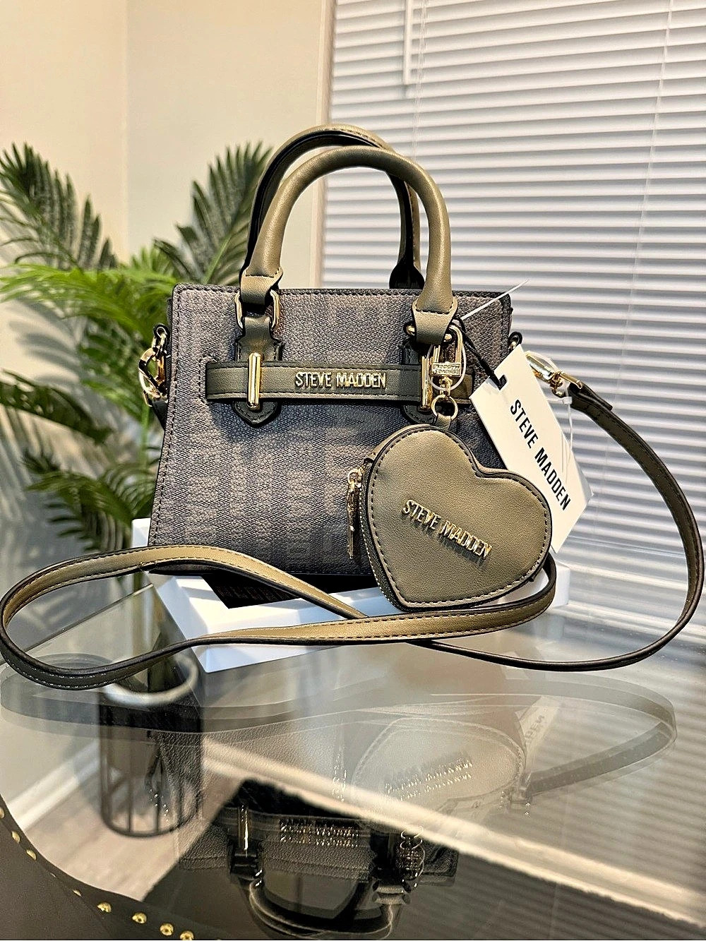 Steve Madden Elide Bag Olive Satchel Gray & Gold NWT